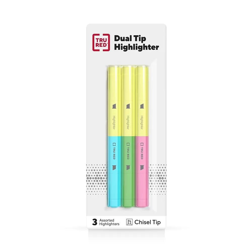 TRU RED Highlighters<™ Twin Tip Highlighters, Chisel Tip, Assorted Colors, 3/Pack (TR57834)