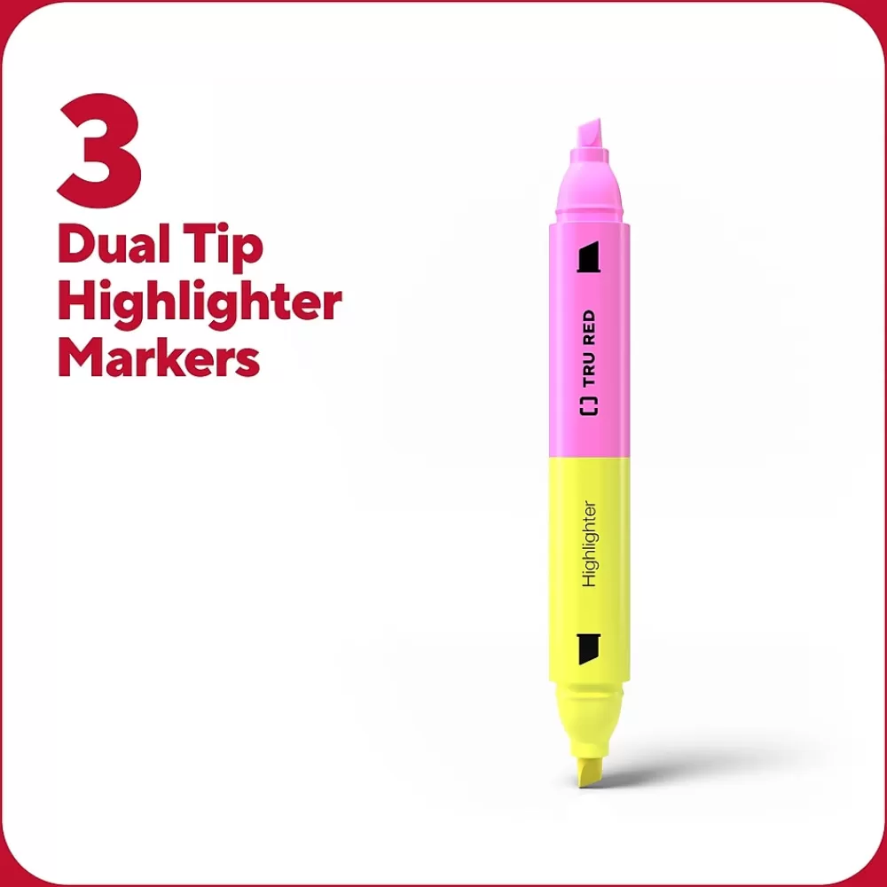 TRU RED Highlighters<™ Twin Tip Highlighters, Chisel Tip, Assorted Colors, 3/Pack (TR57834)