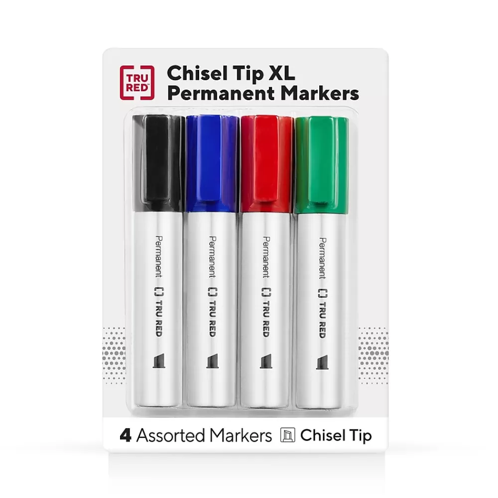 TRU RED Markers<™ XL Tank Permanent Markers, Chisel Tip, Assorted, 4/Pack (TR56935)