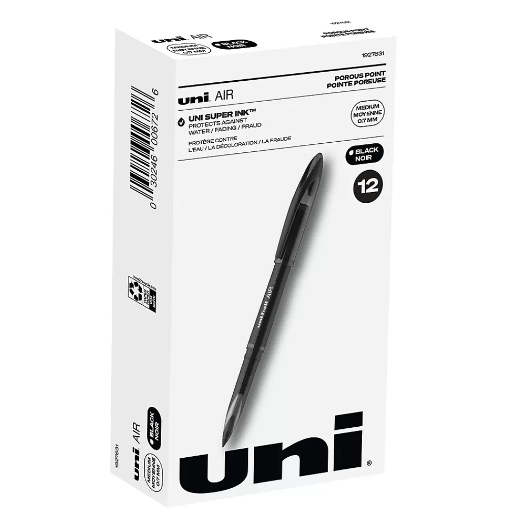 uni-ball Pens<uni AIR Porous Point Pens, Medium Point, 0.7mm, Black, Black Ink, 12/Pack (1927631)