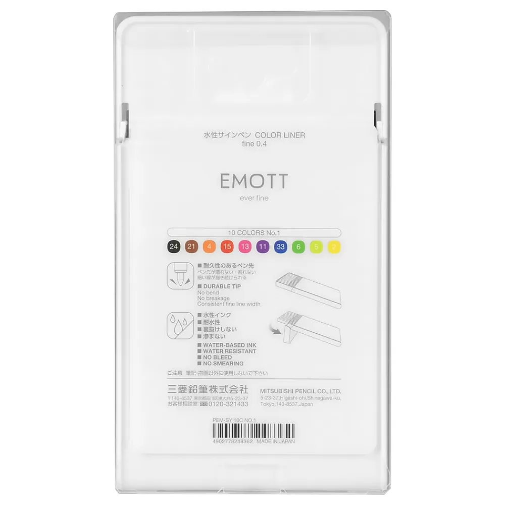 Uni Pens<EMOTT Fine Line Marker Pens, Fine Point, 0.4mm, Assorted Inks, 10/Pack (24836)