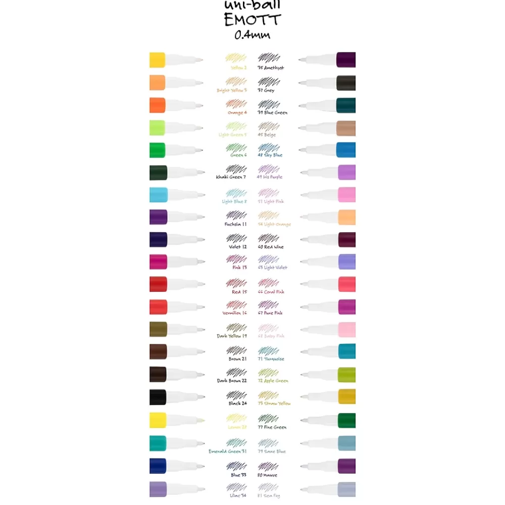 Uni Pens<EMOTT Fine Line Marker Pens, Fine Point, 0.4mm, Assorted Inks, 10/Pack (24836)