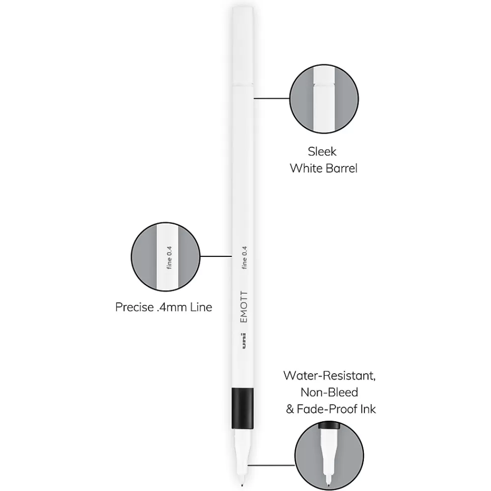 Uni Pens<EMOTT Fine Line Marker Pens, Fine Point, 0.4mm, Assorted Inks, 10/Pack (24836)