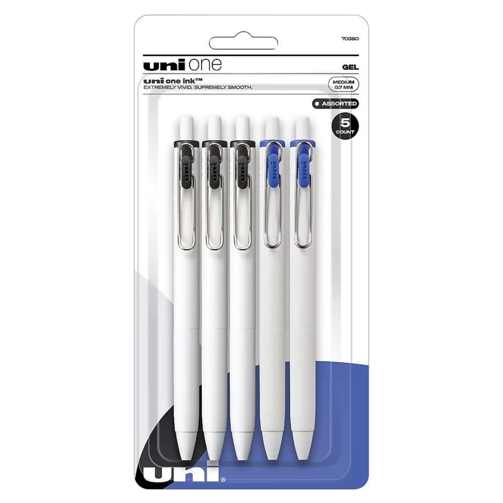uni-ball Pens<uni one Retractable Gel Pens, Medium Point, 0.7mm, Black/Blue Ink, 5/Pack (70380)
