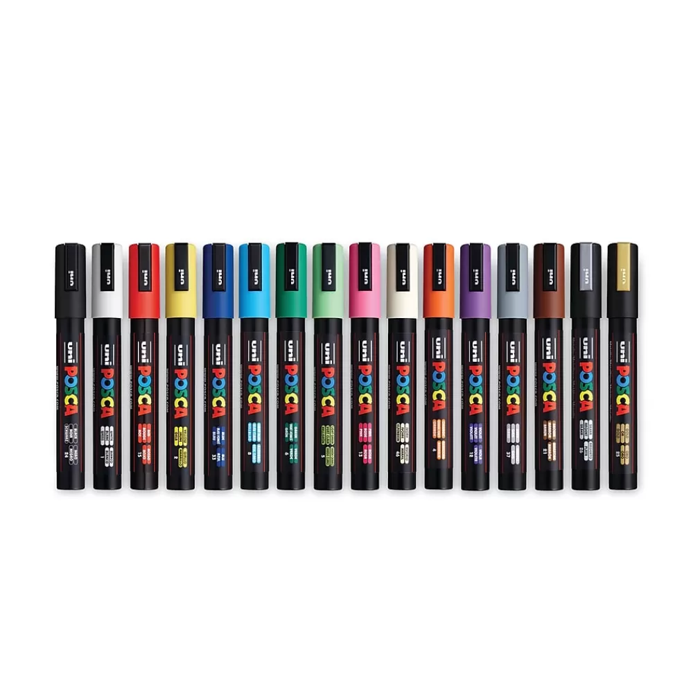 uni-ball Markers<Uni POSCA Permanent Specialty Marker, Medium Bullet Tip, Assorted Colors, 16/Pack (PC5M16C)
