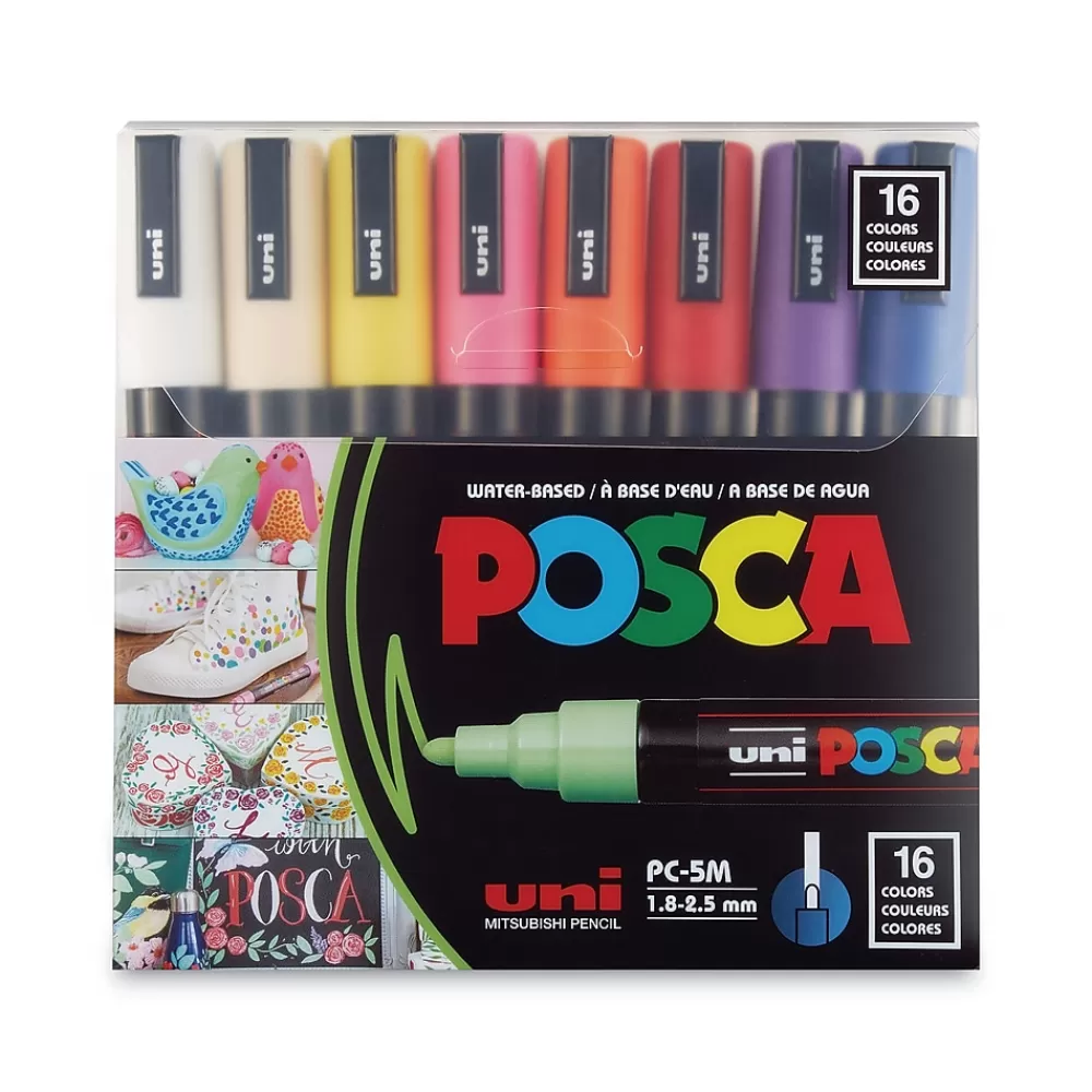 uni-ball Markers<Uni POSCA Permanent Specialty Marker, Medium Bullet Tip, Assorted Colors, 16/Pack (PC5M16C)
