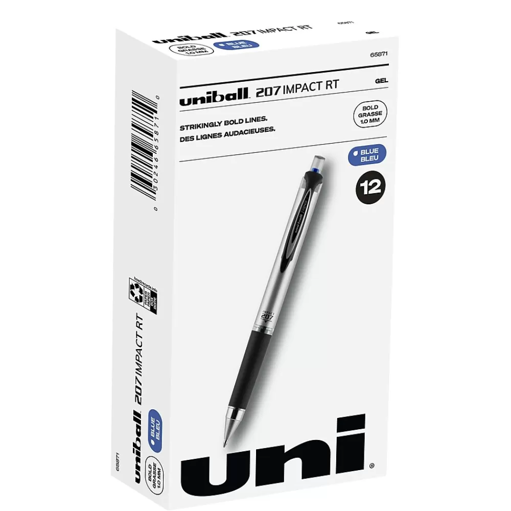 uni-ball Pens<207 Impact RT Retractable Gel Pens, Bold Point, Blue Ink, Dozen (65871)
