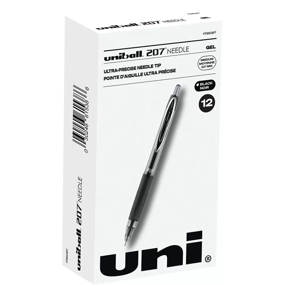 uni-ball Pens<uniball 207 Needle Retractable Gel Pens, Medium Point, 0.7mm, Black Ink, Dozen (1736097)