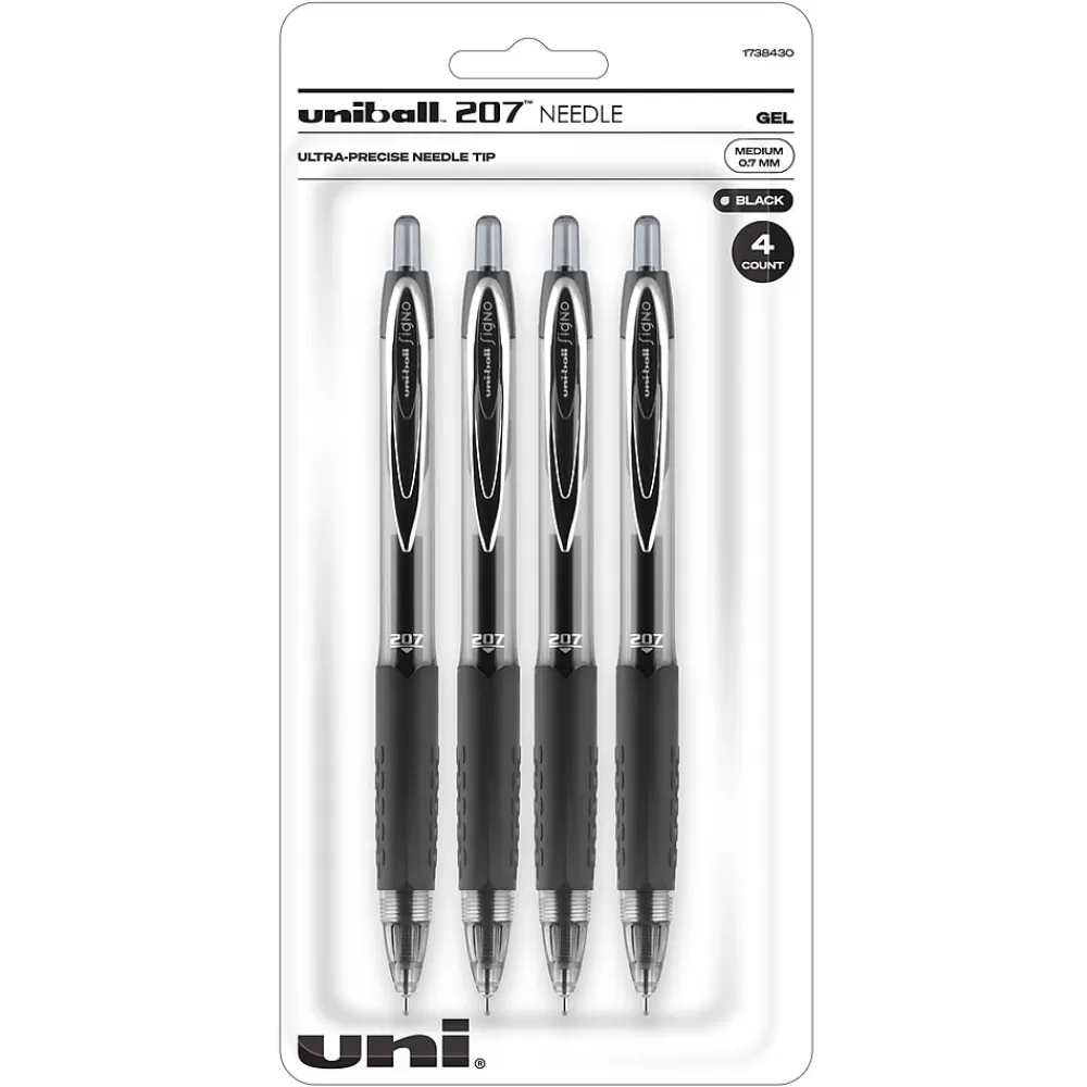 uni-ball Pens<uniball 207 Needle Retractable Gel Pens, Medium Point, 0.7mm, Black Ink, 4/Pack (1738430)