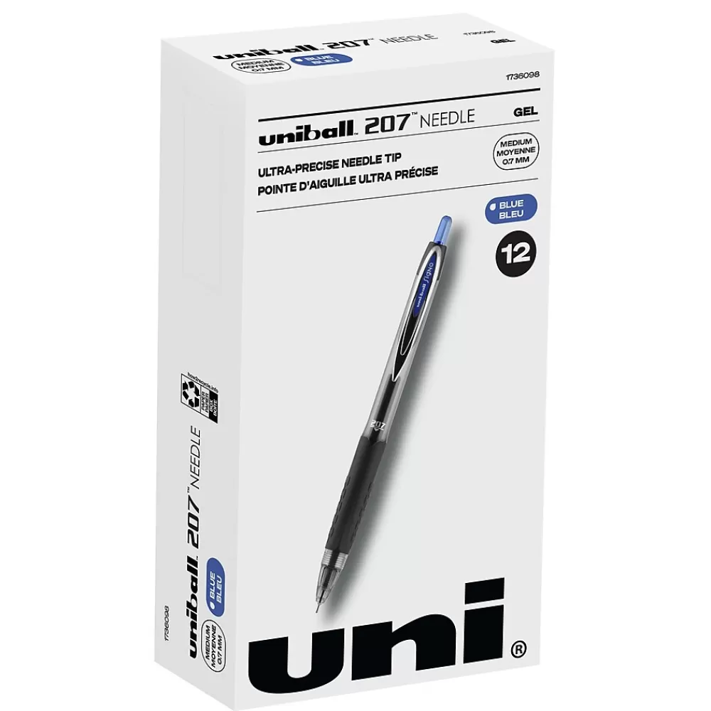 uni-ball Pens<uniball 207 Needle Retractable Gel Pens, Medium Point, 0.7mm, Blue Ink, Dozen (1736098)