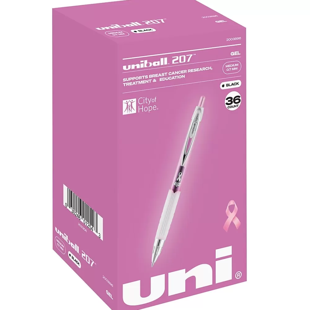 uni-ball Pens<uniball 207 Pink Ribbon Retractable Gel Pens, Medium Point, 0.7mm, Black Ink, 36/Pack (2003896)