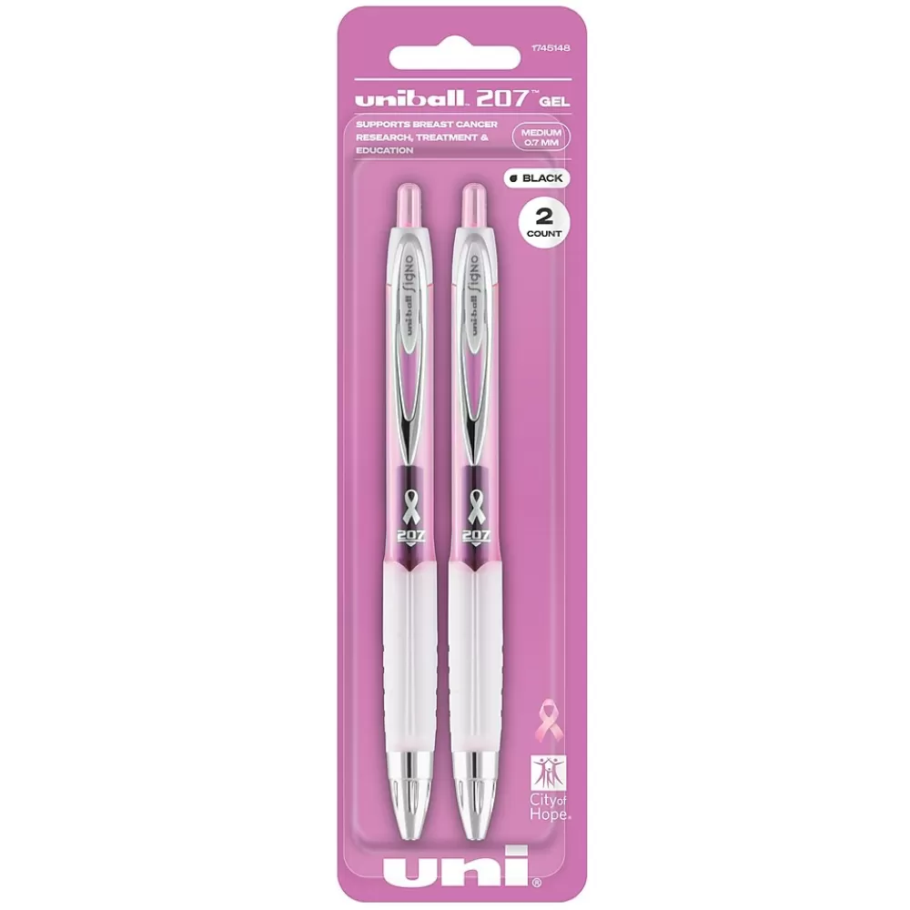 uni-ball Pens<uniball 207 Pink Ribbon Retractable Gel Pens, Medium Point, 0.7mm, Black, 2/Pack (1745148)