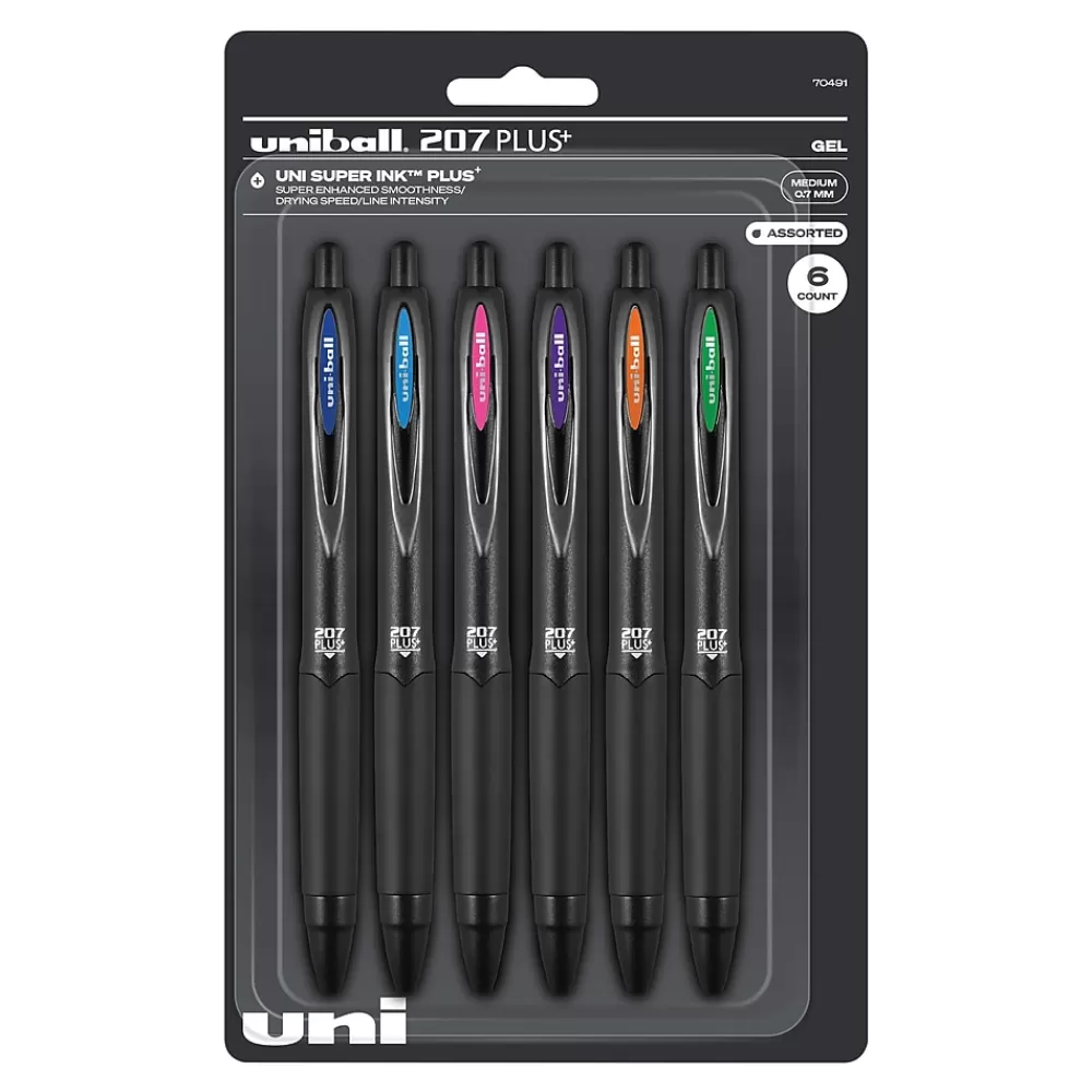 uni-ball Pens<uniball 207 Plus+ Retractable Gel Pens, Medium Point, 0.7mm, Assorted Inks, 6/Pack (70491)