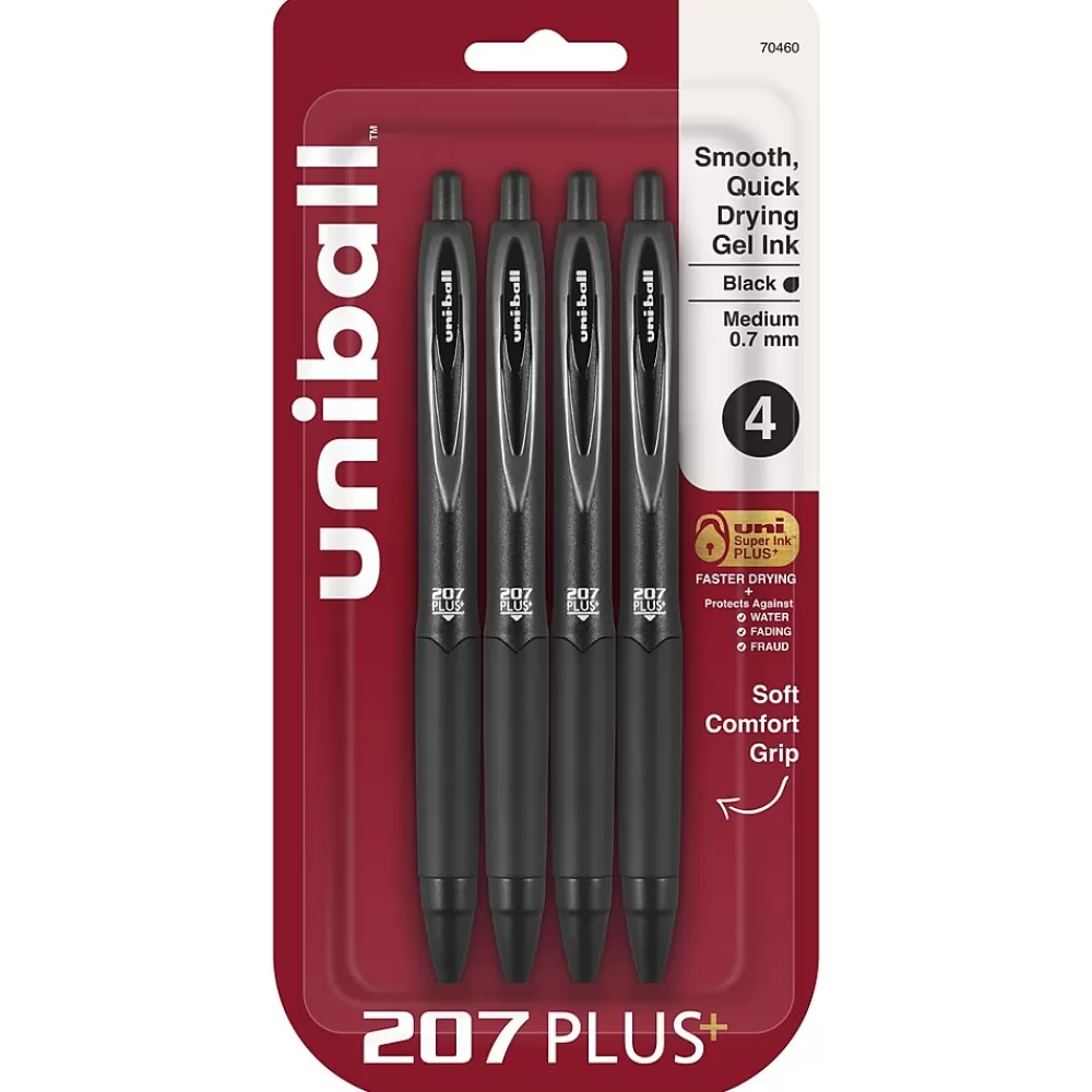 uni-ball Pens<207 Plus+ Retractable Gel Pens, Medium Point, 0.7mm, Black Ink, 4/Pack (70460)