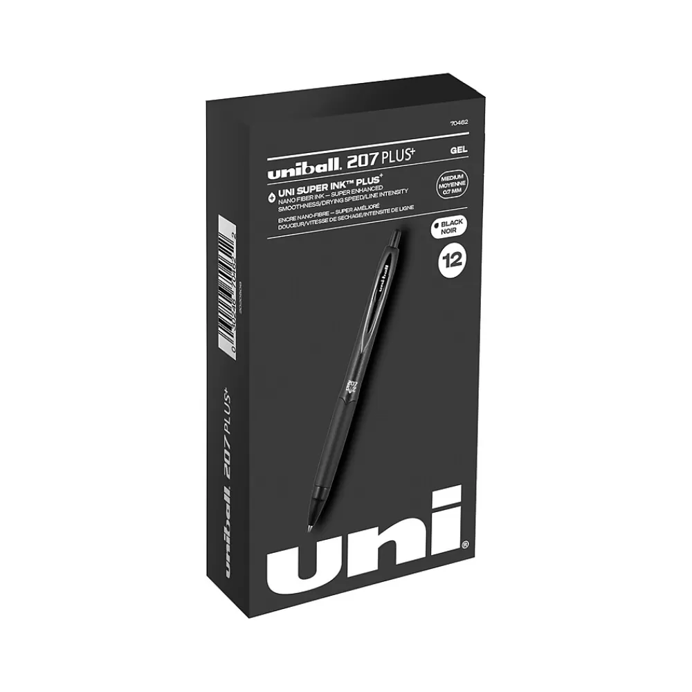 uni-ball Pens<uniball 207 Plus+ Retractable Gel Pens, Medium Point, 0.7mm, Black Ink, 12/Pack (70462)