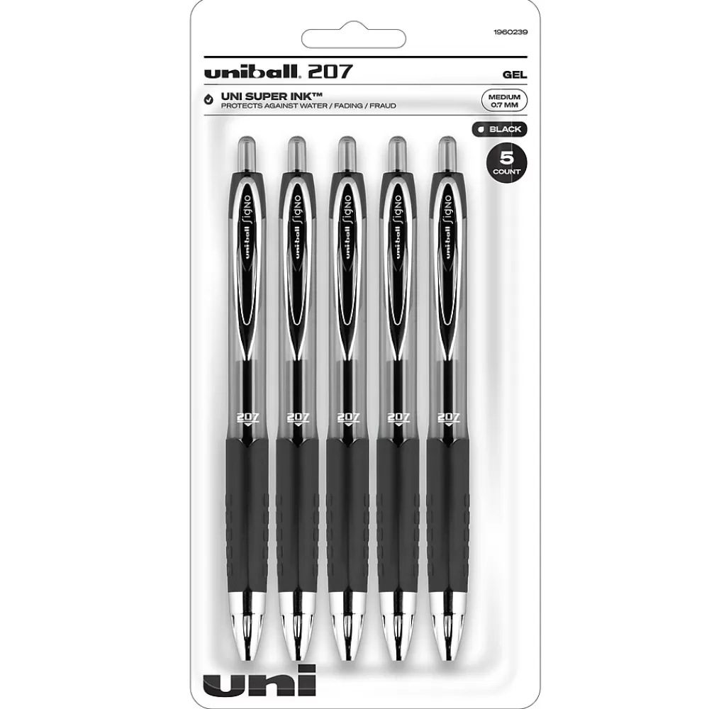 uni-ball Pens<uniball 207 Retractable Gel Pens, Medium Point, 0.7mm, Black Ink, 5/Pack (1960239)