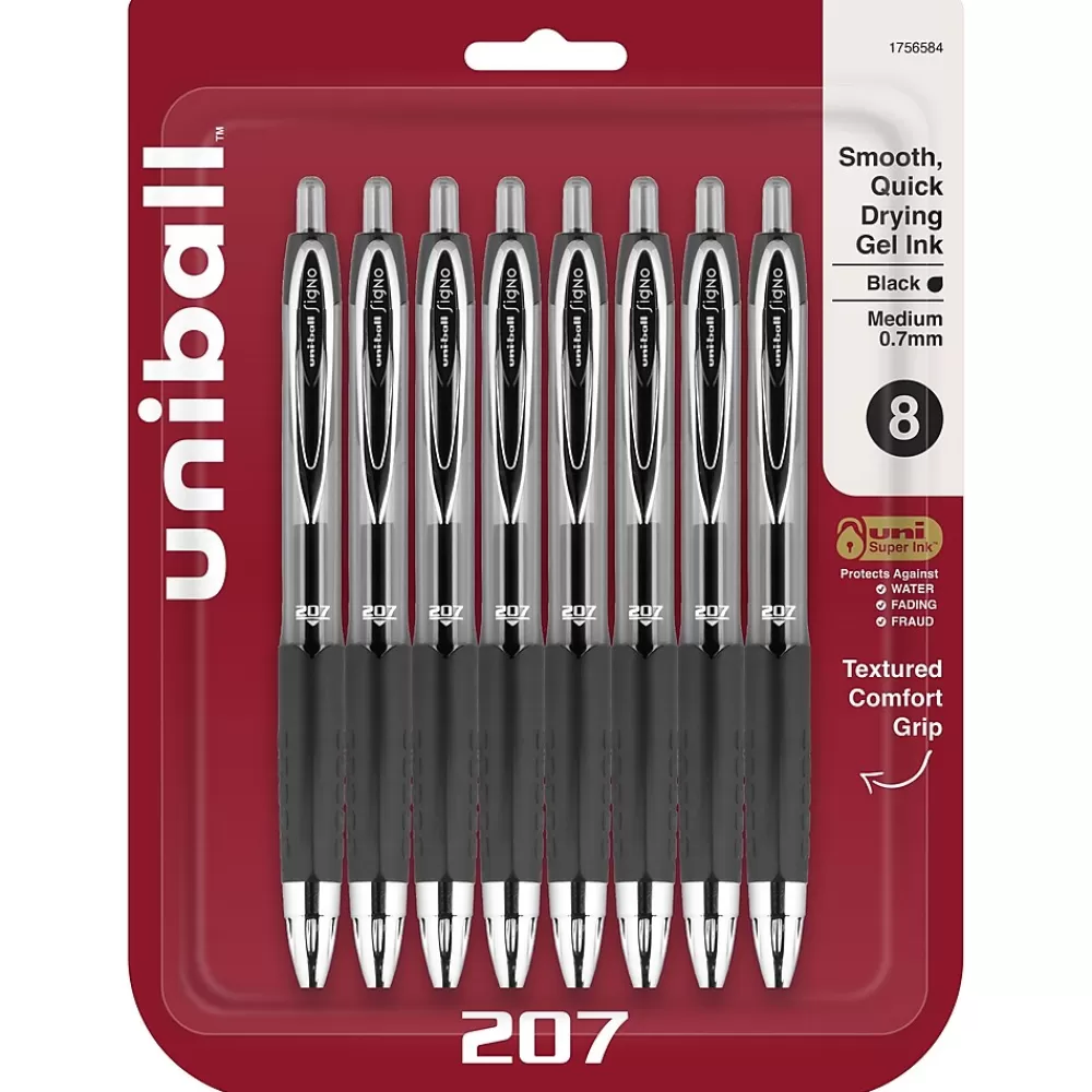 uni-ball Pens<207 Retractable Gel Pens, Medium Point, 0.7mm, Black Ink, 8/Pack (1756584)