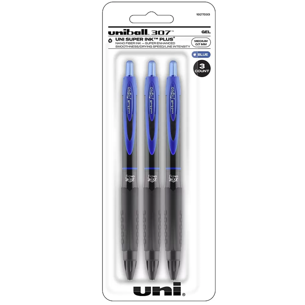 uni-ball Pens<uniball 307 Retractable Gel Pens, Medium Point, 0.7mm, Blue Ink, 3/Pack (1927593)