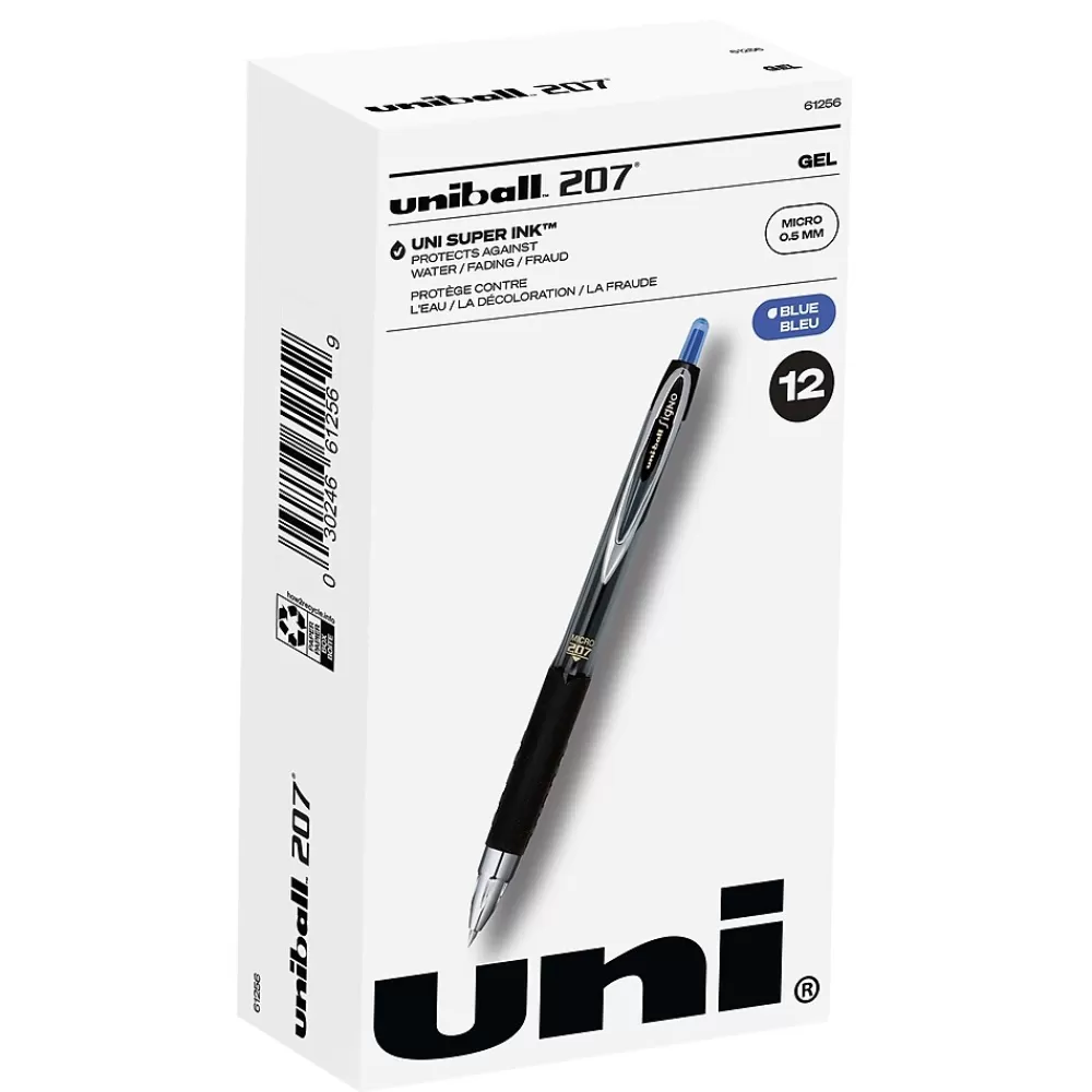 uni-ball Pens<uniball 207 Retractable Gel Pens, Micro Point, 0.5mm, Blue Ink, 12/Pack (61256)
