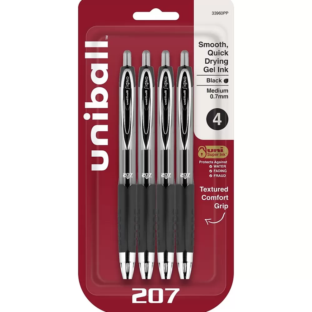 uni-ball Pens<207 Signo RT Retractable Gel Pens, Medium Point, 0.7mm, Black Ink, 4/Pack (33960)
