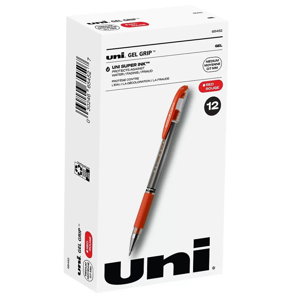 uni-ball Pens<uniball Gel Grip Gel Pens, Medium Point, 0.7mm, Red Ink, 12/Pack (65452)