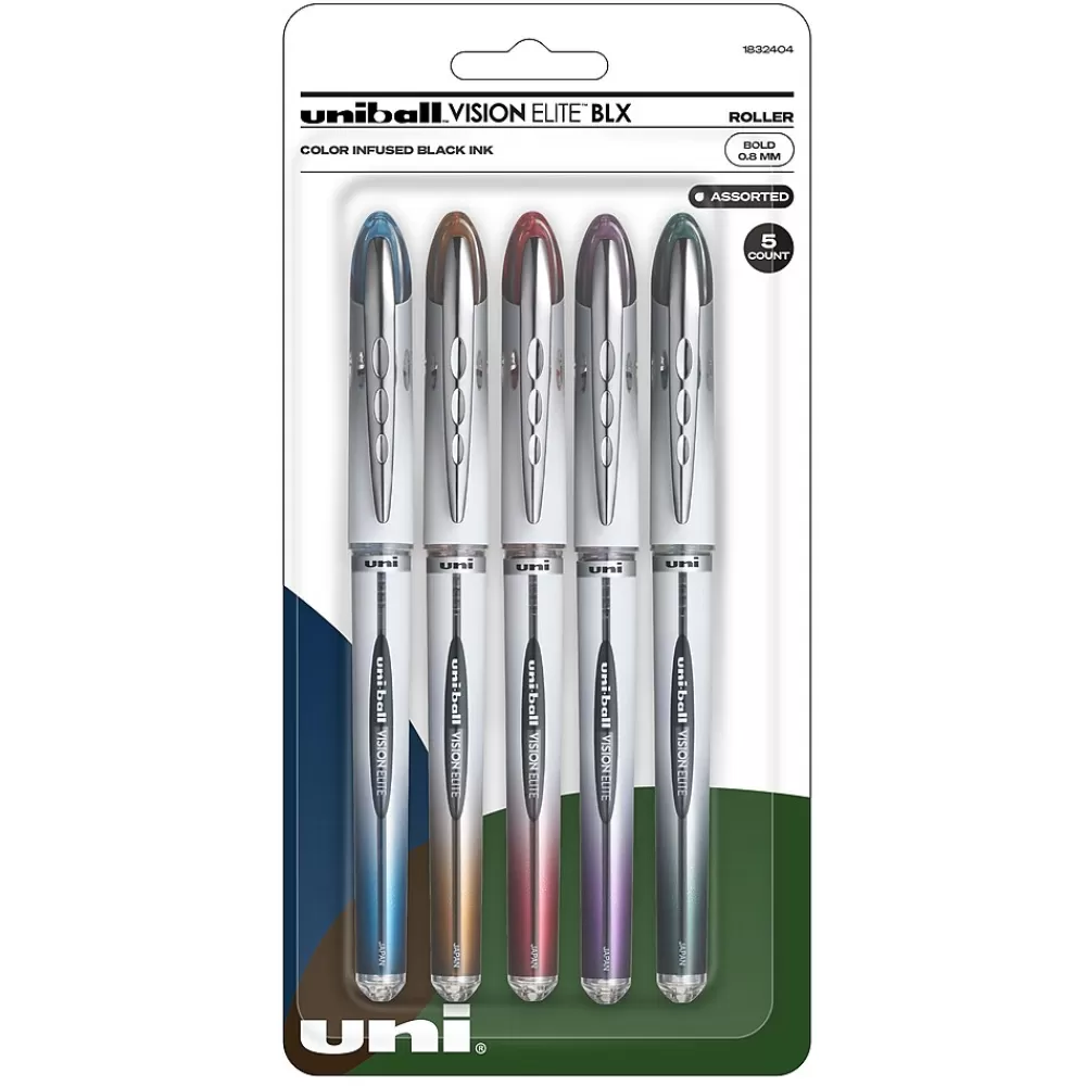 uni-ball Pens<uniball Vision Elite BLX Rollerball Pens, Bold Point, 0.8mm, Assorted Colors, 5/pk (1832404)