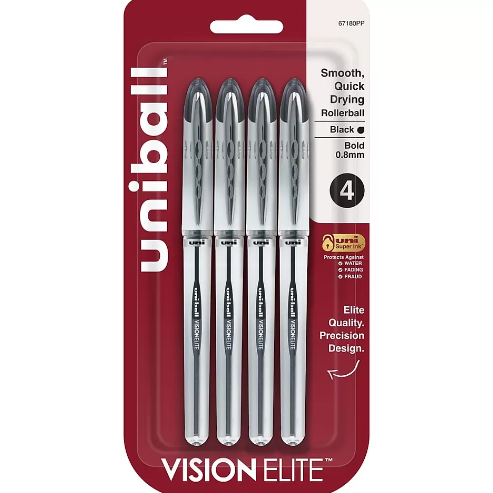 uni-ball Pens<Vision Elite Rollerball Pen, Bold Point, 0.8mm, Black Ink, 4/Pack (67180)