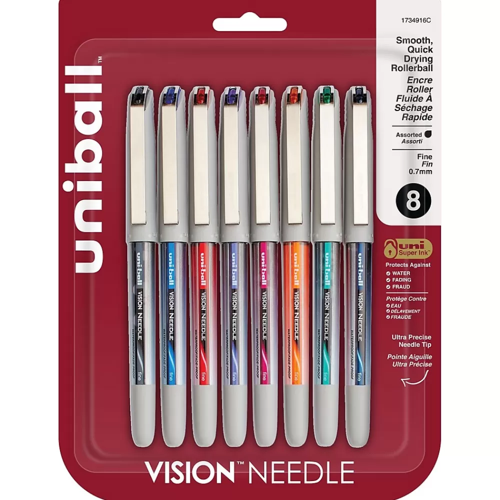 uni-ball Pens<Vision Needle Rollerball Pens, Fine Point, 0.7mm, Assorted Ink, 8/Pack (1734916)