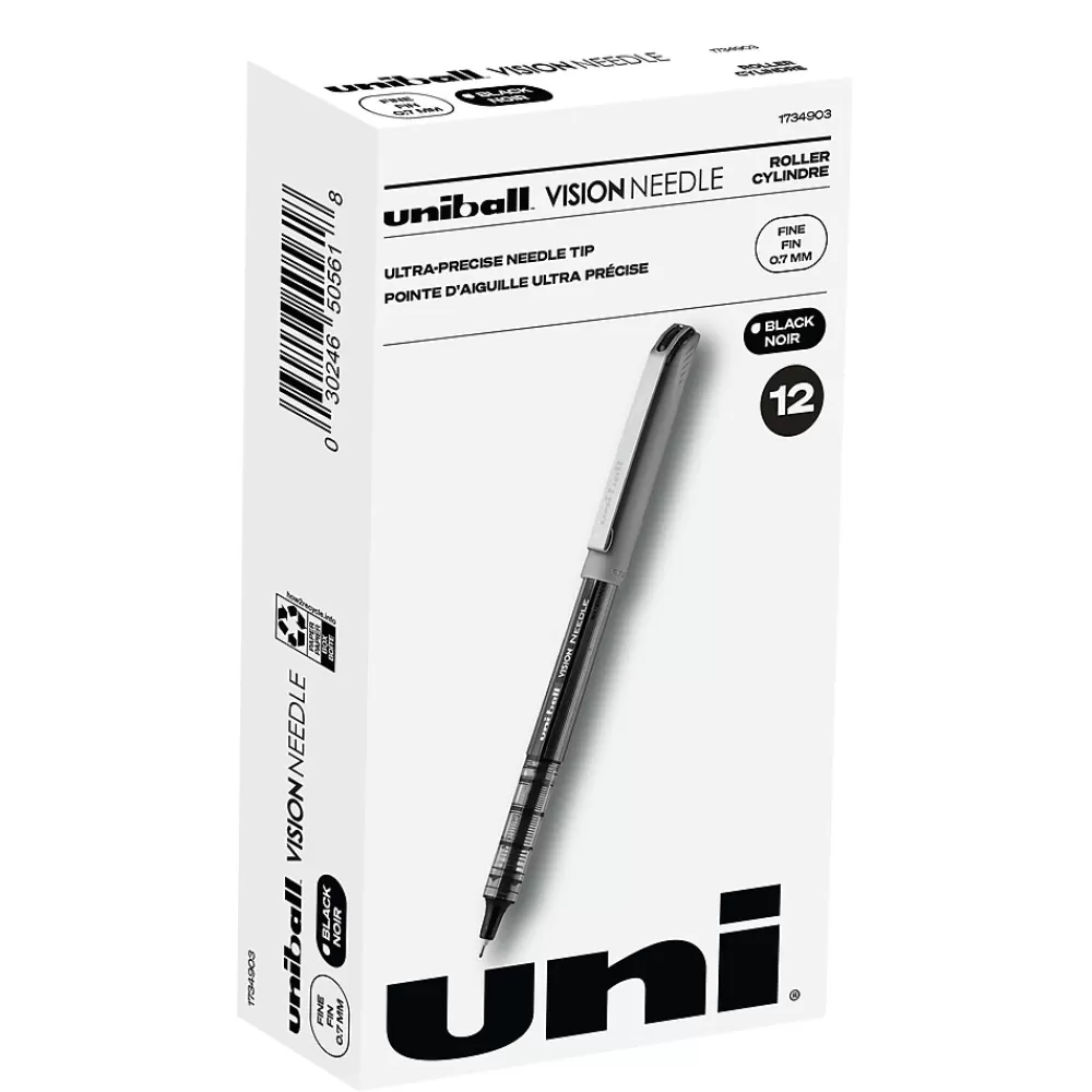 uni-ball Pens<uniball Vision Needle Rollerball Pens, Fine Point, 0.7mm, Black Ink, Dozen (1734903)
