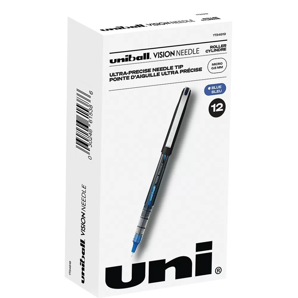 uni-ball Pens<uniball Vision Needle Rollerball Pens, Micro Point, 0.5mm, Blue Ink, 12/Pack (1734919)