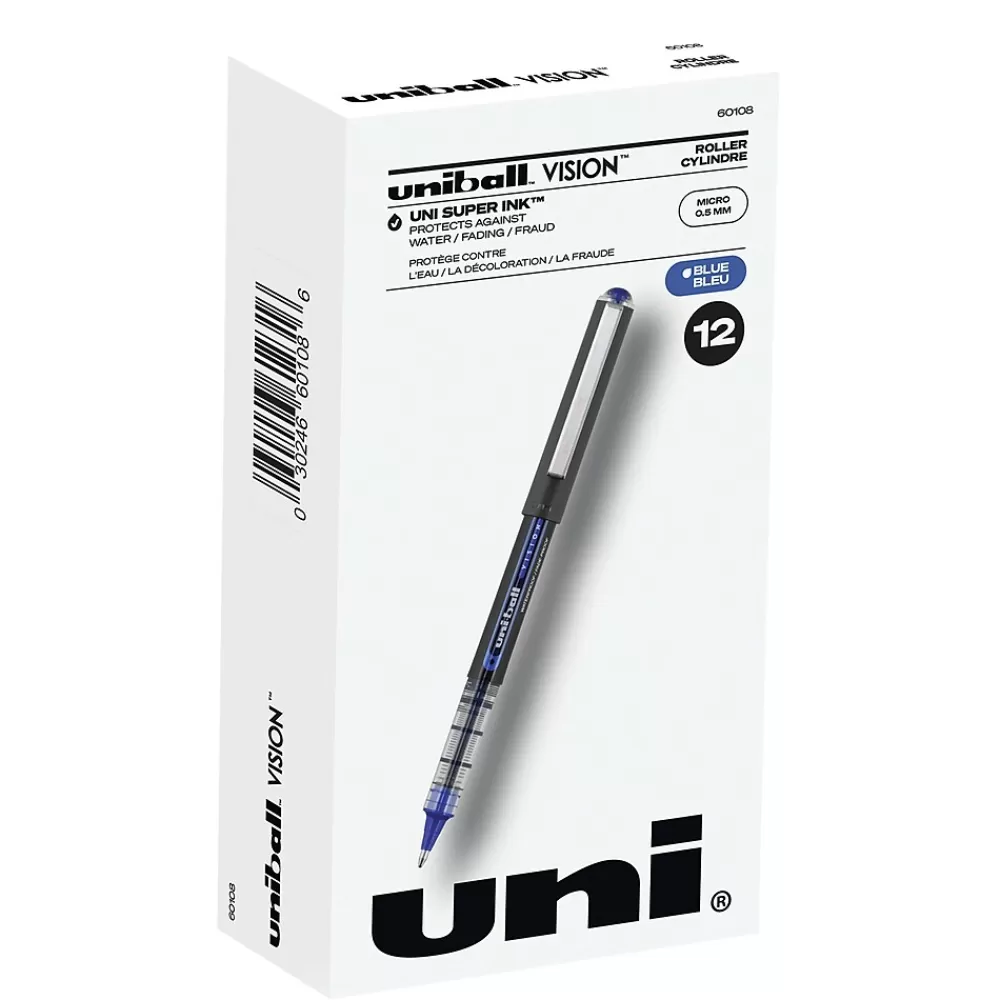 uni-ball Pens<uniball Vision Rollerball Pen, Micro Point, 0.5mm, Blue Ink, Dozen (60108)