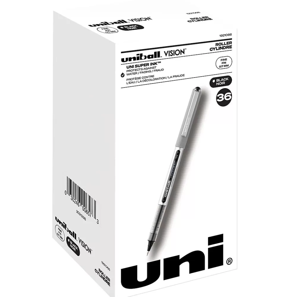 uni-ball Pens<uniball Vision Rollerball Pens, Fine Point, 0.7mm, Black Ink, 36/Pack (1921066)