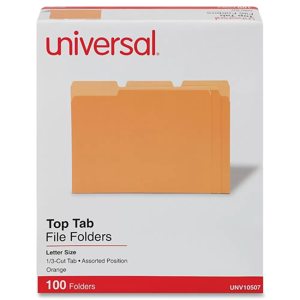 Universal File Folders<Colored File Folders, 1/3 Cut One-Ply Tab, Letter, Orange, 100/Box