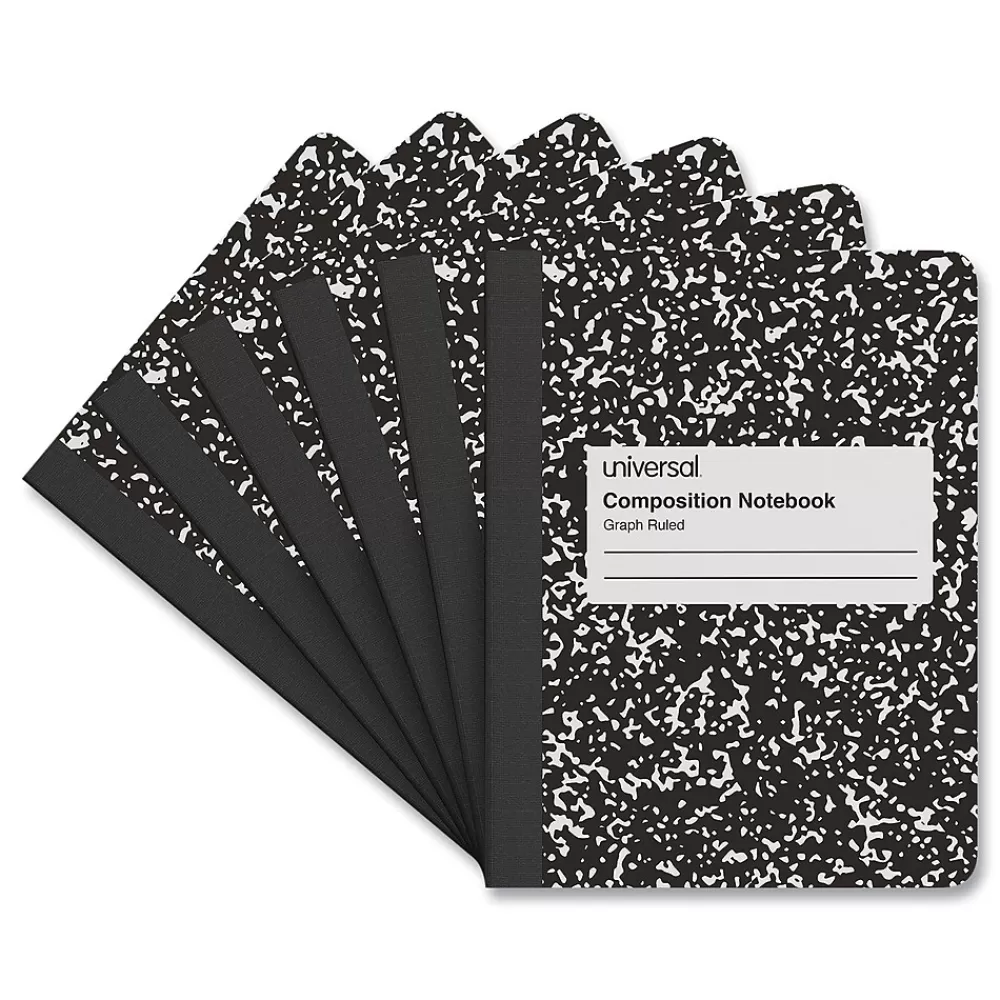 Universal Composition Notebooks<Composition Notebooks, 9.75" x 7.5", Quad, 100 Sheets, Black, 6/Pack (UNV20957)