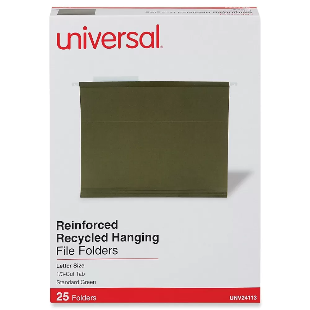 Universal Hanging File Folders<Recycled Hanging File Folder, 1/3 Cut Tab, Letter Size, Standard Green, 25/Box (UNV24113)
