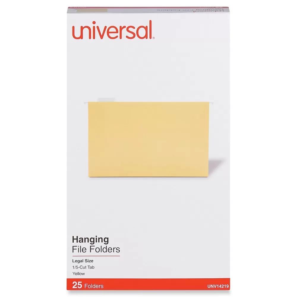 Universal Hanging File Folders<Recycled Hanging File Folder, Legal Size, Yellow, 25/Box (UNV14219)