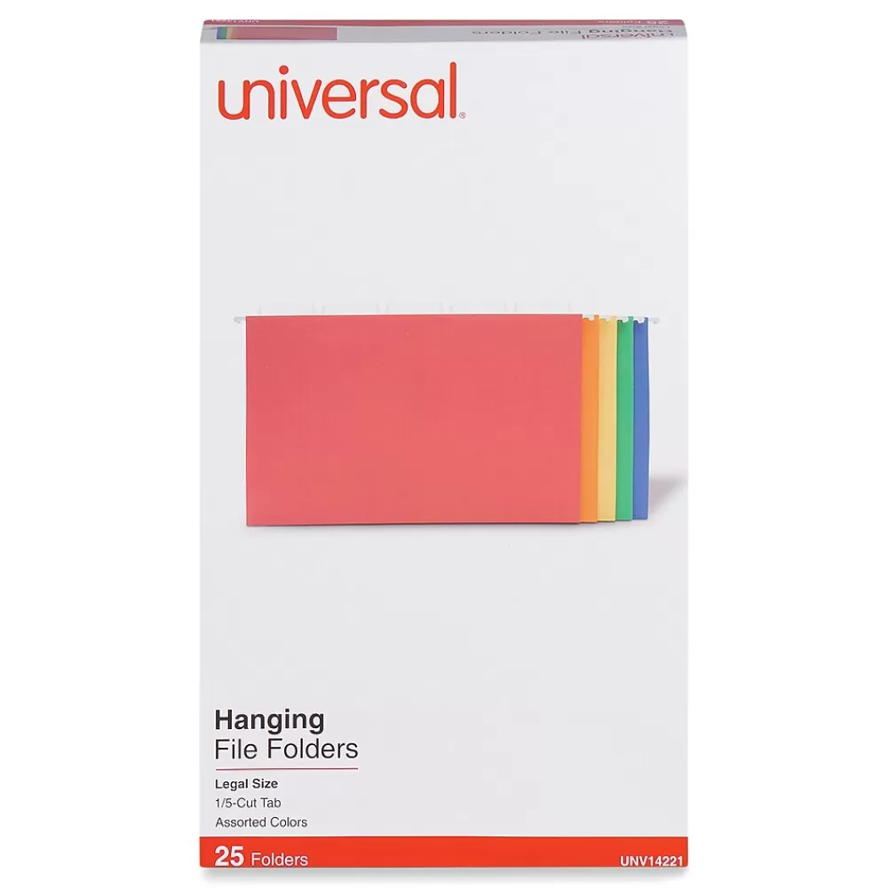 Universal Hanging File Folders<Recycled Hanging File Folders, Legal Size, Assorted Colors, 25/Box (UNV14221)