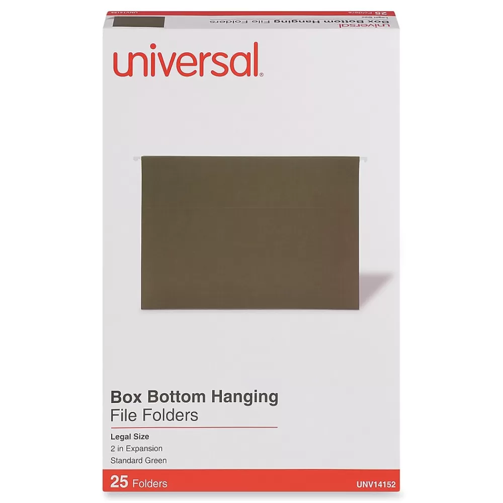 Universal Hanging File Folders<Reinforced Recycled Hanging File Folder, Legal Size, Green, 25/Box (UNV14152)