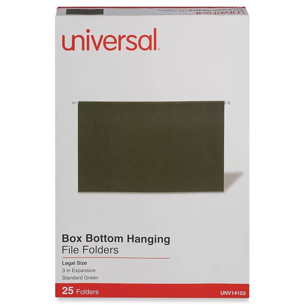 Universal Hanging File Folders<Reinforced Recycled Hanging File Folder, Legal Size, Green, 25/Box (UNV14153)