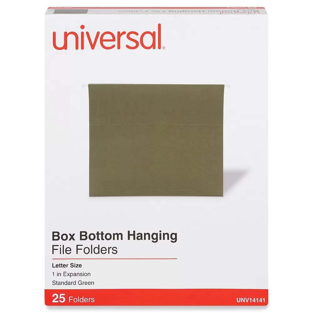 Universal Hanging File Folders<Reinforced Recycled Hanging File Folder, Letter Size, Standard Green, 25/Box (UNV14141)