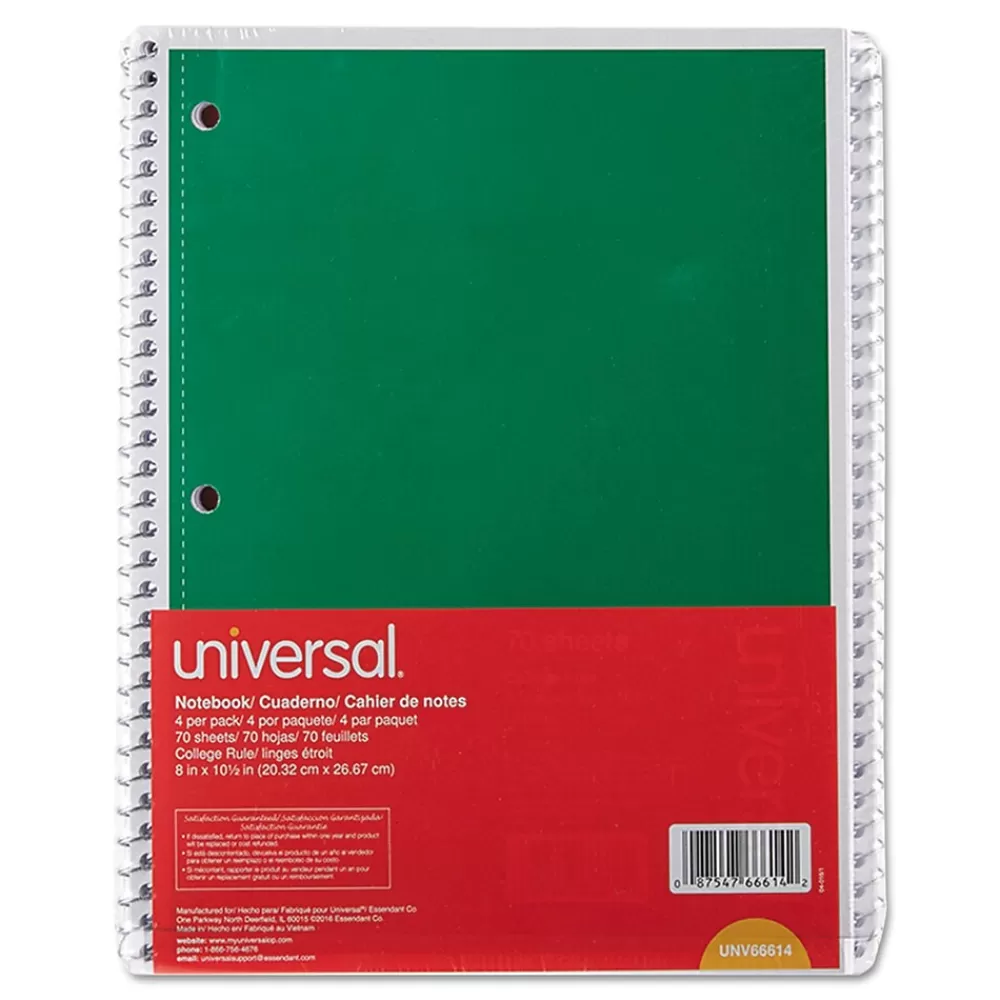 Universal Subject Notebooks<1-Subject Notebooks, 8" x 10.5", College Ruled, 70 Sheets, Assorted Colors, 4/Pack (UNV66614)