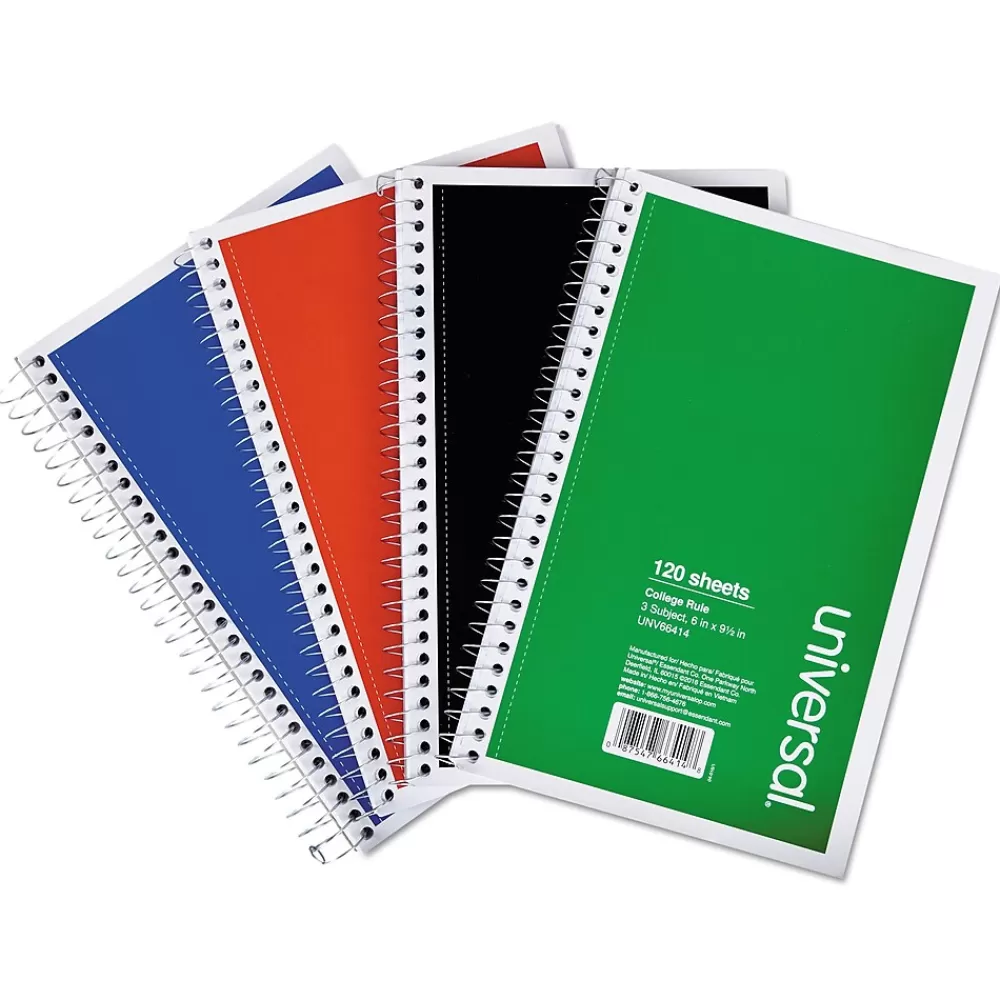 Universal Subject Notebooks<Wirebound Notebook, 3 Subjects, Medium/College Rule, Assorted Colors, 9.5 x 6, 120 Sheets, 4/Pack (UNV66414)