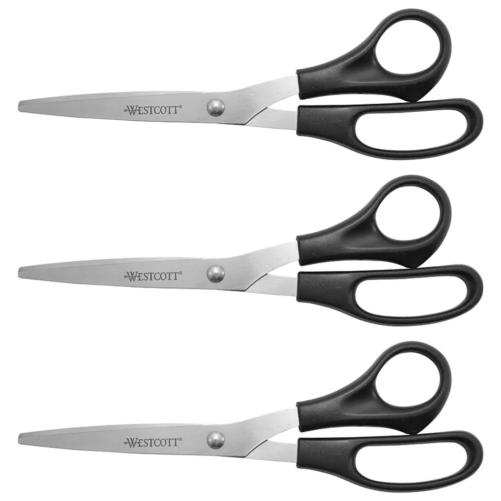 Westcott Scissors<All Purpose 8" Stainless Steel Standard Scissors, Pointed Tip, Black, 3/Pack (16907)
