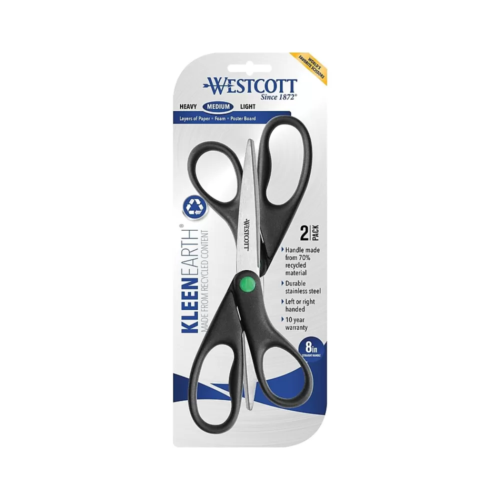 Westcott Scissors<KleenEarth 8" Stainless Steel Scissors, Pointed Tip, Black, 2/Pack (15179)