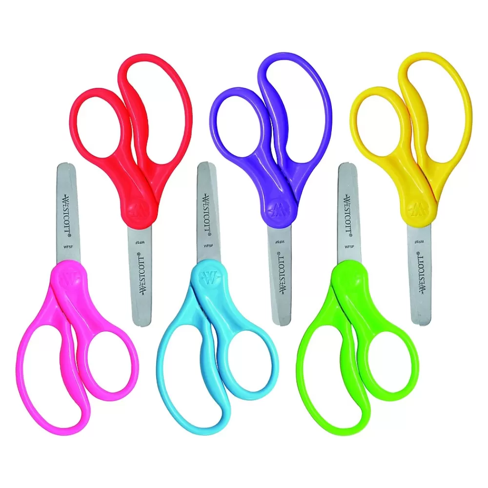 Westcott Scissors<School 5" Stainless Steel Kid's Scissors, Blunt Tip, Assorted Colors, 6/Pack (16454)