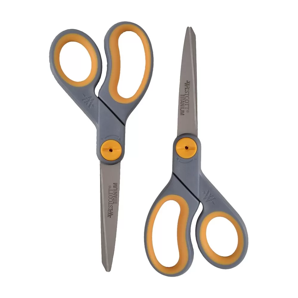 Westcott Scissors<Titanium Bonded 8" Titanium Heavy Duty General Purpose Scissor, Sharp Tip, Gray/Yellow, 2/Pack (13901)