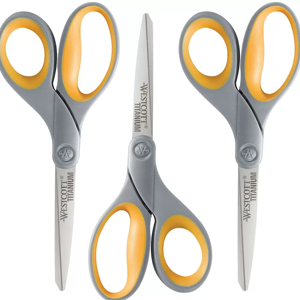 Westcott Scissors<Titanium Bonded 8" Titanium Multi-Purpose/Heavy Duty Scissor, Pointed Tip, Gray/Yellow, 3/Pack (17532)