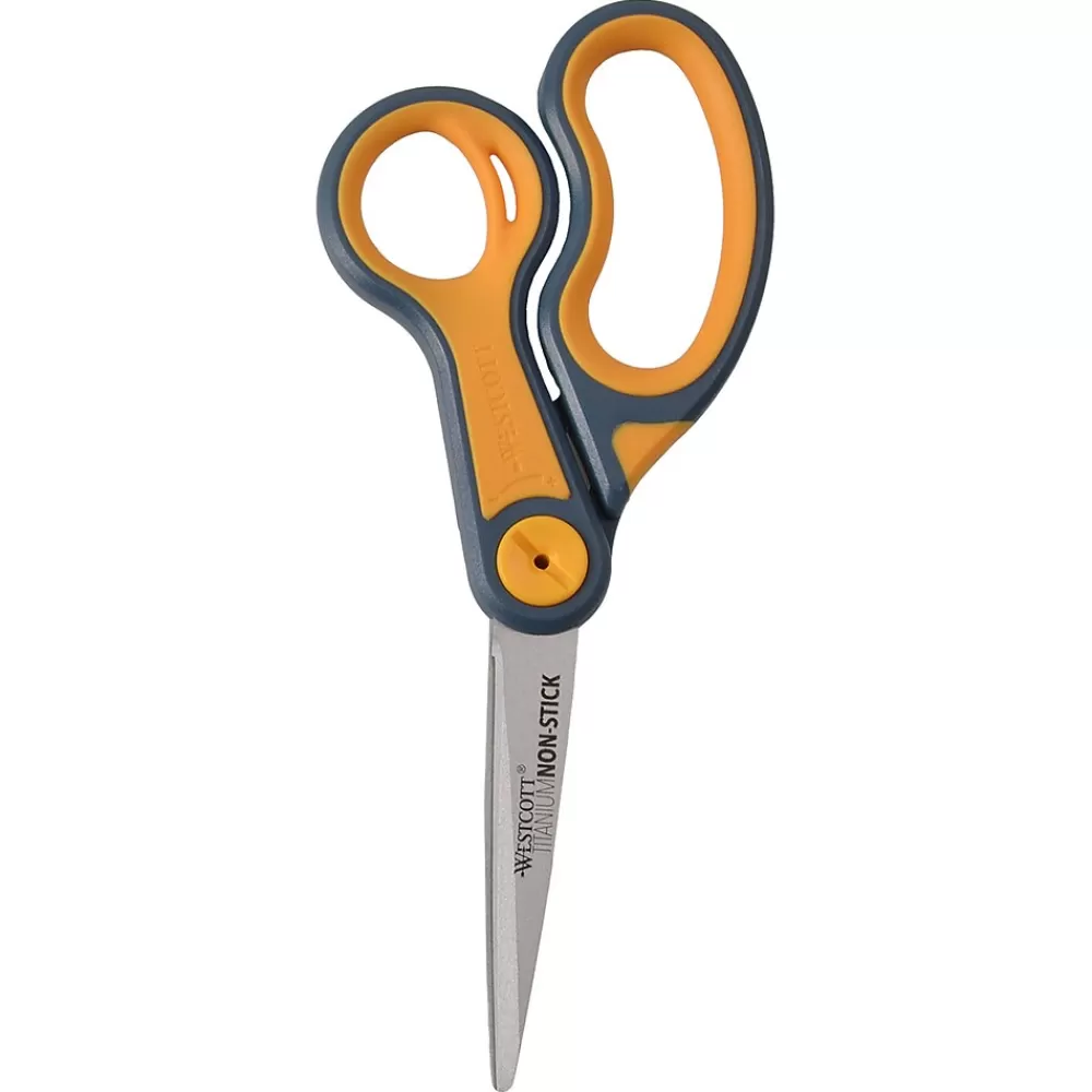 Westcott Scissors<Titanium Bonded Non-Stick 8" Scissors, Adjustable Glide, Pointed Tip, Gray/Yellow (14849)
