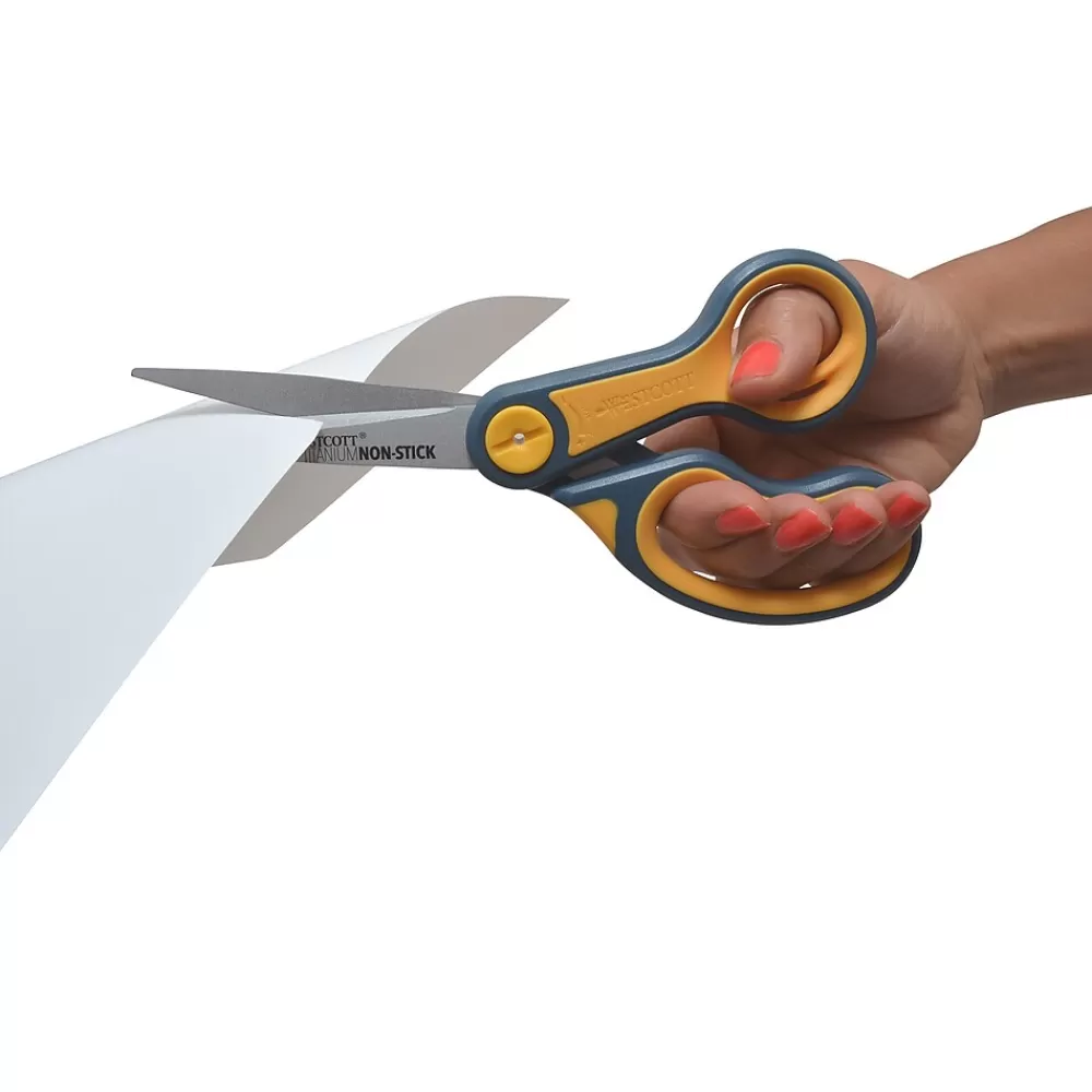 Westcott Scissors<Titanium Bonded Non-Stick 8" Scissors, Adjustable Glide, Pointed Tip, Gray/Yellow (14849)