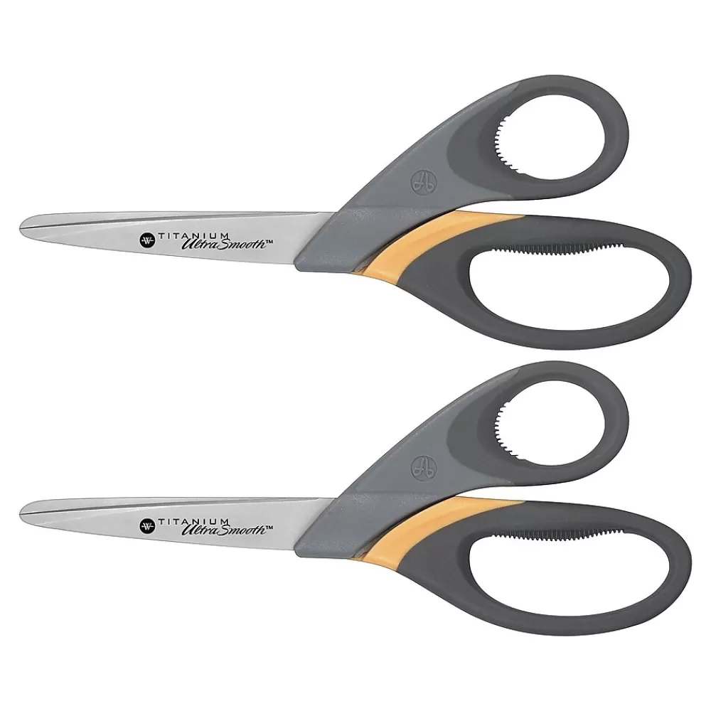 Westcott Scissors<Titanium Bonded UltraSmooth 8" Heavy Duty Scissors, Blunt Tip, Gray/Yellow, 2/Pack (14107)